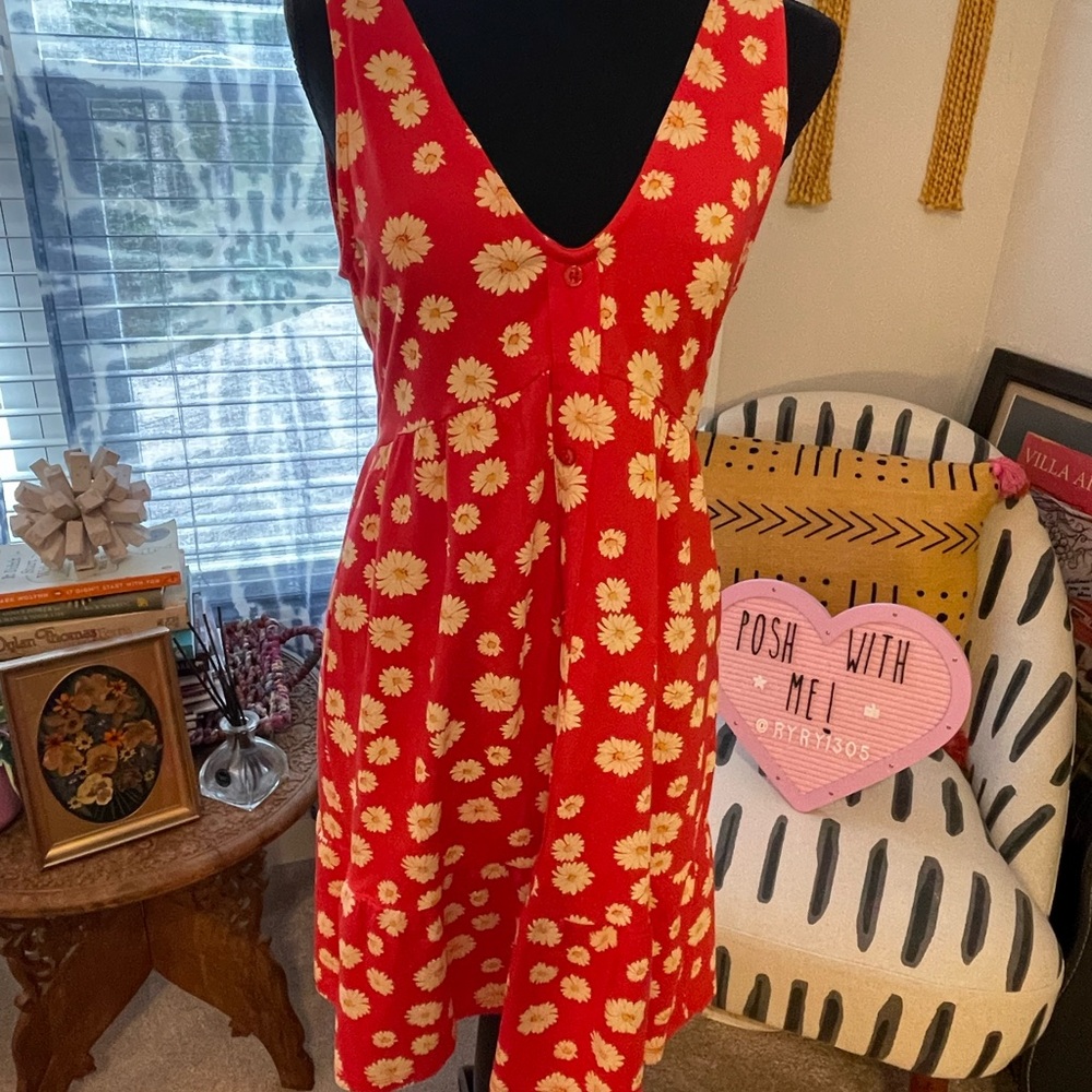 Women’s ASOS Red Floral V-Neck Sleeveless Dress 90’s Daisy Print Sundress Retro